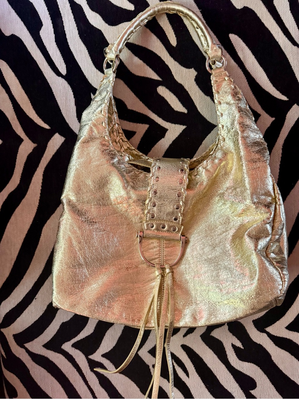 jcpenney Gold Metallic Shoulder Bag with Buckle Tassel Y2k